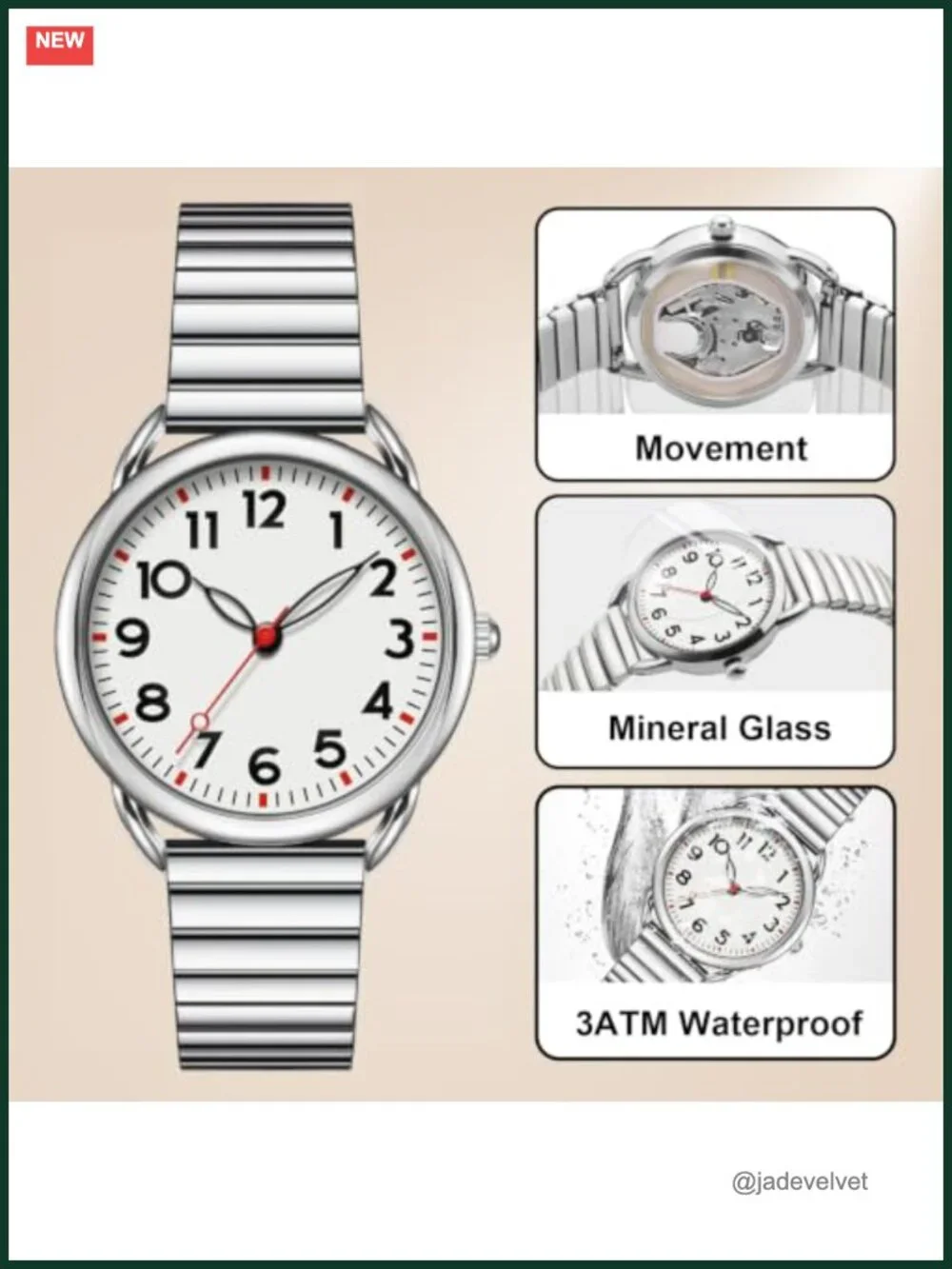 Silver Watch with 4 Stretch Bands for Women, Easy Reader, Water Resistant